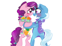 Size: 1024x768 | Tagged: safe, artist:cartoonxcatxlover, sugar belle, trixie, pony, unicorn, g4, apron, bipedal, blushing, clothes, cupcake, female, horn, horns are touching, hug, lesbian, shipping, smiling, sugartrix, tray, trixie.sugartrix