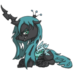 Size: 350x350 | Tagged: safe, artist:neyonic, queen chrysalis, changeling, changeling queen, g4, crown, female, jewelry, looking at you, prone, regalia, simple background, solo, transparent background