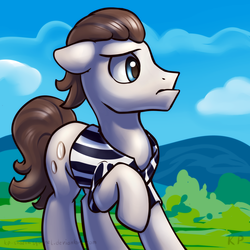 Size: 1500x1500 | Tagged: safe, artist:kp-shadowsquirrel, silver shill, earth pony, pony, g4, clothes, floppy ears, frown, male, raised hoof, shirt, solo, stallion