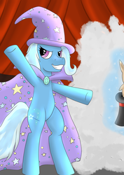 Size: 2480x3507 | Tagged: safe, artist:fia94, trixie, pony, g4, bipedal, female, grin, high res, magic, solo, stage