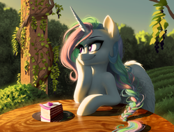 Size: 2048x1546 | Tagged: safe, artist:here-for-the-ponies, artist:katputze, princess celestia, alicorn, pony, g4, alternate hairstyle, braid, cake, cakelestia, collaboration, cute, cutelestia, ear fluff, female, mare, smiling, solo