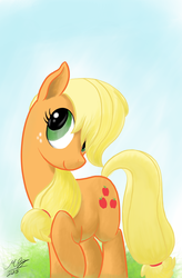 Size: 1680x2564 | Tagged: safe, artist:graboiidz, applejack, g4, female, hair over one eye, hatless, missing accessory, raised hoof, solo