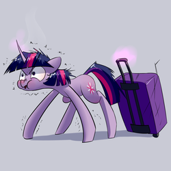 Size: 1200x1200 | Tagged: safe, artist:underpable, twilight sparkle, pony, unicorn, derpin daily, g4, :p, :t, angry, ears back, female, glare, magic, mare, messy mane, nose wrinkle, puffy cheeks, shivering, solo, straining, suitcase, telekinesis, tongue out, unicorn twilight, wide eyes