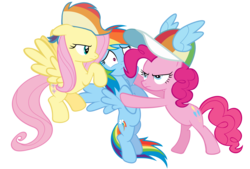 Size: 2989x2025 | Tagged: dead source, safe, fluttershy, pinkie pie, rainbow dash, earth pony, pegasus, pony, g4, female, hat, high res, lesbian, love triangle, possessive, rainbow dash gets all the mares, ship:flutterdash, ship:pinkiedash, shipping, simple background, this will end in polygamy, transparent background, vector, wig