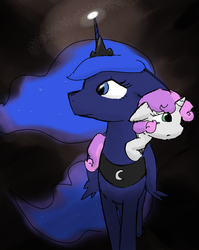 Size: 592x742 | Tagged: safe, artist:artylovr, princess luna, sweetie belle, empty darkness, g4, dark, fanfic art, fanfic cover, glowing horn, horn, nervous, ponies riding ponies, riding