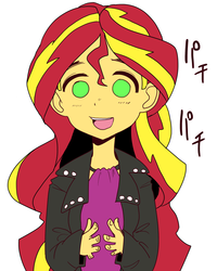 Size: 720x900 | Tagged: safe, artist:tsukusun, sunset shimmer, equestria girls, g4, clapping, female, japanese, pixiv, smiling, solo