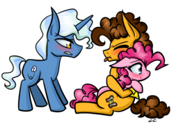 Size: 4000x2857 | Tagged: safe, artist:littlecloudie, cheese sandwich, pinkie pie, pokey pierce, g4, :p, :t, blushing, eyes closed, female, frown, glare, gritted teeth, hug, love triangle, male, pinkie pie gets all the stallions, raspberry, ship:cheesepie, ship:pokeypie, shipping, straight, tongue out, waifu thief