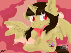 Size: 640x480 | Tagged: safe, artist:winter-plume, oc, oc only, oc:spring beauty, alicorn, pony, alicorn oc, cute, fluffy, heart, hug, looking at you, smiling, solo, spread wings, underhoof