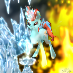 Size: 2500x2500 | Tagged: safe, artist:14silverlining, oc, oc only, oc:hail fire, cryomancy, fire, high res, ice, magic, pyromancy, solo