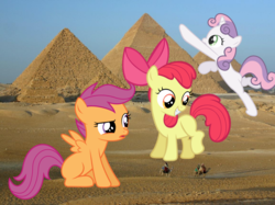 Size: 1152x864 | Tagged: safe, artist:bigccv, artist:lilcinnamon, artist:somerandomminion, artist:synthrid, apple bloom, scootaloo, sweetie belle, earth pony, pony, g4, .svg available, cutie mark crusaders, desert, egypt, giant pony, irl, macro, photo, ponies in real life, pyramid, svg, vector