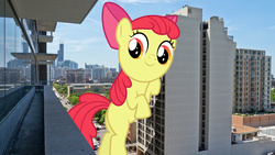 Size: 2488x1400 | Tagged: safe, artist:masem, artist:theotterpony, apple bloom, earth pony, pony, g4, bipedal, building, chicago, cute, female, filly, giant pony, macro, party, solo