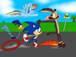 Size: 1024x768 | Tagged: dead source, safe, artist:larry-the-beaver, rainbow dash, g4, crossover, looney tunes, male, road runner, sonic the hedgehog, sonic the hedgehog (series), wheel o feet, wheel o' feet, wile e coyote