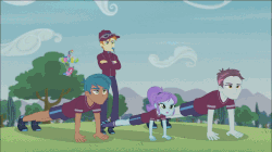 Size: 642x360 | Tagged: safe, screencap, carlos thunderbolt, coach rommel, crystal lullaby, pinkie pie, rainbow dash, track starr, equestria girls, friendship games, g4, pinkie spy (short), animated, background human, balloon, boots, clothes, coach, crossed arms, crystal prep academy, crystal prep academy students, crystal prep shadowbolts, floating, frown, glasses, gritted teeth, hat, legs, lidded eyes, open mouth, pinkie being pinkie, pinkie physics, push-ups, shoes, socks, spying, then watch her balloons lift her up to the sky, wat, whistle