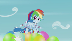 Size: 1280x720 | Tagged: safe, screencap, rainbow dash, equestria girls, friendship games, g4, pinkie spy (short), balloon, balloon popping, boots, clothes, female, great moments in animation, motion blur, party balloon, shoes, socks