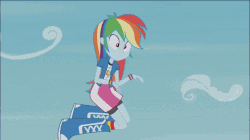 Size: 642x360 | Tagged: safe, screencap, rainbow dash, equestria girls, friendship games, g4, pinkie spy (short), animated, boots, cartoon physics, clothes, compression shorts, falling, female, skirt, socks, solo