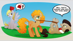 Size: 1366x768 | Tagged: safe, artist:lissystrata, derpy hooves, doctor whooves, time turner, earth pony, pegasus, pony, g4, bowtie, crossover, doctor who, eleventh doctor, female, fez, hat, lasso, male, mare, mouth hold, ponified, river song (doctor who), rope, show accurate, stallion, the doctor, tied up, trio