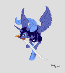 Size: 895x1000 | Tagged: safe, artist:lunarapologist, princess luna, alicorn, pony, g4, armor, artifact, female, gray background, mare, mouth hold, s1 luna, show accurate, simple background, solo, sword, warrior, warrior luna