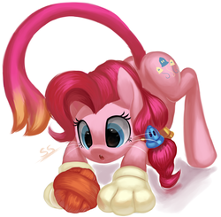 Size: 2025x1985 | Tagged: safe, artist:moonseeker, pinkie pie, pony, g4, :o, alternate cutie mark, behaving like a cat, cat costume, clothes, cute, diapinkes, doodle, eyes on the prize, female, fluffy, paw gloves, paws, pinkie cat, power-up, solo, super bell, super mario 3d world, super mario bros., yarn, yarn ball