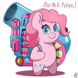 Size: 2000x2000 | Tagged: safe, artist:mopyr, pinkie pie, earth pony, pony, g4, bipedal, cannon, female, high res, minigun, partillery, party cannon, solo