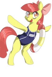 Size: 1181x1748 | Tagged: safe, artist:magiace, apple bloom, earth pony, pony, g4, adorabloom, bipedal, clothes, cute, female, filly, inflatable, inner tube, one-piece swimsuit, school swimsuit, solo, sukumizu, swimsuit