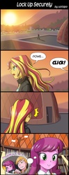 Size: 800x2020 | Tagged: safe, artist:uotapo, big macintosh, cheerilee, sunset shimmer, equestria girls, my past is not today, 4koma, blushing, cheerimac, comic, female, male, shipping, smiling, straight, thought bubble