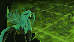 Size: 1400x787 | Tagged: safe, artist:kaizerin, queen chrysalis, changeling, changeling queen, g4, army, be prepared, changeling swarm, cliff, crown, disney, fangs, female, jewelry, marching, raised hoof, reference, regalia, swarm, the lion king