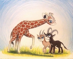 Size: 994x803 | Tagged: safe, artist:thefriendlyelephant, oc, oc only, oc:sabe, oc:uganda, oc:zeka, antelope, giant sable antelope, giraffe, africa, animal in mlp form, cloven hooves, grass, horns, long legs, long neck, non-pony oc, traditional art, trio