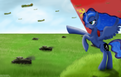 Size: 1200x768 | Tagged: safe, artist:bacbko, princess luna, alicorn, pony, g4, aircraft, bt-5, female, field, flag, frown, glare, grass, i-16, plane, pointing, rearing, russian, solo, soviet, soviet union, spread wings, tank (vehicle), world war ii