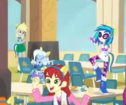 Size: 275x229 | Tagged: safe, screencap, derpy hooves, dj pon-3, mystery mint, nolan north, scribble dee, trixie, vinyl scratch, equestria girls, g4, my little pony equestria girls, background human, cropped, helping twilight win the crown, offscreen character