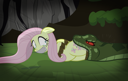 Size: 1900x1200 | Tagged: safe, artist:radiantrealm, fluttershy, pony, snake, g4, bondage, carnivore, commission, crying, damsel in distress, drool, eaten alive, female, fetish, flutterprey, gag, predation, show accurate, story included, tape gag, this will end in death, unwilling prey, vore, wide eyes