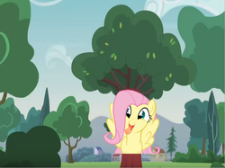 Size: 801x600 | Tagged: safe, edit, edited screencap, screencap, fluttershy, pony, equestria girls, g4, my little pony equestria girls: friendship games, pinkie spy (short), female, fluttertree, silly, silly pony, solo, tree, tree costume