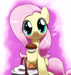 Size: 1700x1800 | Tagged: safe, artist:hoyeechun, fluttershy, g4, blushing, cake, cute, female, looking at you, picnic basket, shyabetes, solo