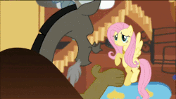 Size: 480x270 | Tagged: safe, screencap, angel bunny, discord, fluttershy, draconequus, pegasus, pony, rabbit, g4, keep calm and flutter on, animal, animated, bowling ball, conversation, female, male, mare, raspberry, tongue out, two heads