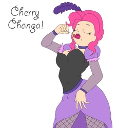 Size: 818x888 | Tagged: safe, artist:moe-kawaii-sunshine, pinkie pie, human, g4, over a barrel, beauty mark, cherry, clothes, dress, eyes closed, female, humanized, open mouth, saloon dress, saloon pinkie, solo, tongue out