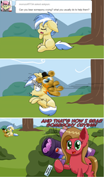 Size: 1281x2180 | Tagged: safe, artist:clouddg, strike, oc, oc:pun, bear, earth pony, pony, ask pun, g4, ask, cannon, comic, confused, crossover, crying, female, filly, five nights at freddy's, floppy ears, fluffy, fredbear, freddy fazbear, golden freddy, open mouth, pun, question mark, rocket launcher, sitting, smiling, teddy bear, tumblr, visual pun, wide eyes