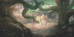 Size: 2000x1004 | Tagged: safe, artist:hamatte, fluttershy, g4, big ears, everfree forest, eyes closed, female, forest, lying, lying down, pond, sleeping, solo