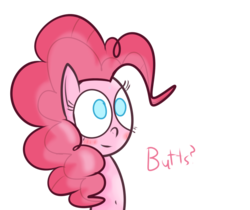 Size: 821x690 | Tagged: safe, artist:mr-degration, pinkie pie, g4, blushing, butts, female, question, simple background, solo, text, transparent background
