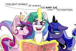 Size: 1595x1075 | Tagged: safe, artist:8bitamy, princess cadance, princess celestia, princess luna, alicorn, pony, g4, alternate universe, book, burn, burn book, dialogue, female, magic, mare, mary sue, mean girls, open mouth, out of character, smiling, smirk