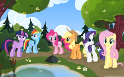 Size: 4096x2560 | Tagged: safe, artist:boneswolbach, artist:djdavid98 edits, artist:flarescale, artist:gurugrendo, artist:kooner-cz, artist:mamandil, artist:reginault, artist:the smiling pony, artist:yanoda, applejack, fluttershy, pinkie pie, rainbow dash, rarity, twilight sparkle, alicorn, pony, g4, cloud, cloudy, female, floppy ears, flower, forest, mane six, mare, twilight sparkle (alicorn), wallpaper, water