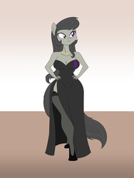 Size: 1800x2400 | Tagged: safe, artist:mofetafrombrooklyn, octavia melody, earth pony, anthro, g4, breasts, cleavage, clothes, cutie mark on clothes, dress, female, gown, high heels, solo