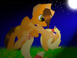 Size: 800x600 | Tagged: safe, artist:mattmiles, applejack, oc, oc:thundertail, earth pony, pegasus, pony, g4, accessory swap, base used, canon x oc, hat, moon, night, shipping, stars