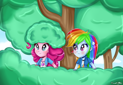 Size: 2761x1900 | Tagged: safe, artist:vixelzf, pinkie pie, rainbow dash, equestria girls, g4, my little pony equestria girls: friendship games, pinkie spy (short), bush, scene interpretation, sweatdrop