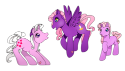 Size: 1920x1080 | Tagged: safe, artist:prettywitchdoremi, ember (g1), so soft twilight, twilight, earth pony, pegasus, pony, unicorn, g1, g3, :o, blank flank, female, filly, foal, g1 to g3, generation leap, heart, heart eyes, mare, open mouth, raised hoof, simple background, transparent background, wingding eyes