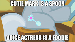Size: 640x360 | Tagged: safe, edit, edited screencap, screencap, silver spoon, call of the cutie, g4, season 1, cutie mark, female, hilarious in hindsight, image macro, imgflip, meme, mind blown, shannon chan-kent, solo, voice actor joke