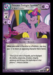 Size: 358x500 | Tagged: safe, enterplay, twilight sparkle, alicorn, pony, equestrian odysseys, g4, my little pony collectible card game, trade ya!, card, ccg, eyes closed, female, gavel, levitation, magic, mare, new crown, smiling, solo, spread wings, telekinesis, throne, twilight sparkle (alicorn)