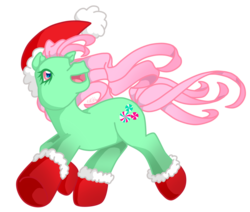 Size: 889x755 | Tagged: safe, artist:prettywitchdoremi, minty, g3, christmas, clothes, female, hat, heart, heart eyes, mare, santa hat, simple background, socks, solo, transparent background, wingding eyes