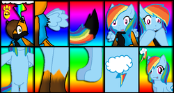 Size: 712x378 | Tagged: safe, artist:louisagurl, artist:mattmiles, rainbow dash, oc, oc:matthew lightningfox, fox, pegasus, anthro, g4, cloud, comic, eyestrain warning, female, furry, furry oc, gradient background, male, male to female, mare, needs more saturation, open mouth, open smile, rainbow dash's cutie mark, rule 63, smiling, solo, transformation, transformation sequence, transgender transformation