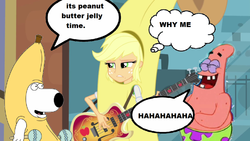 Size: 1024x576 | Tagged: safe, edit, edited screencap, screencap, applejack, a case for the bass, equestria girls, g4, banana suit, bananajack, brian griffin, family guy, male, patrick star, spongebob squarepants, wat