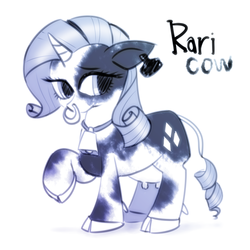Size: 640x640 | Tagged: safe, artist:remyroez, rarity, cow, cow pony, pony, unicorn, g4, bell, bell collar, cloven hooves, collar, cowbell, cowified, ear tag, female, horn, mare, monochrome, nose ring, piercing, raised hoof, raricow, simple background, species swap, udder, white background
