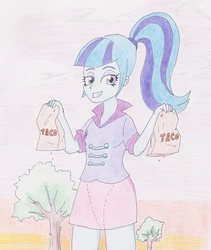 Size: 2169x2564 | Tagged: artist needed, safe, sonata dusk, equestria girls, g4, bags, female, high res, smiling, solo, sonataco, sunset, taco, that girl sure loves tacos, that siren sure does love tacos, traditional art